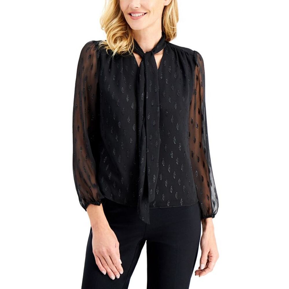 NEW Alfani‎ Printed Sheer Sleeve Neck Tie Blouse Black Women's Size Medium
